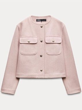 ZARA Blush Pink Cropped Wool-Blend Button Jacket